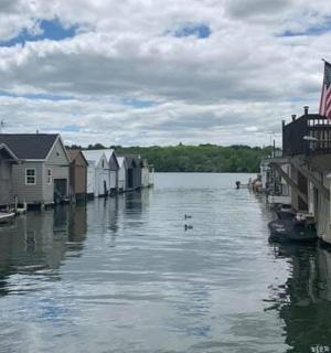 a view of a river with houses and a river