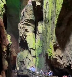 a group of people standing on a bridge in a canyon