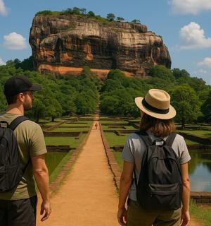 一男一女站在小路上望着山