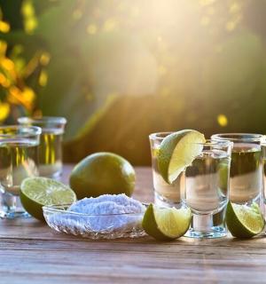 桌子上摆放着几杯水和青柠片
