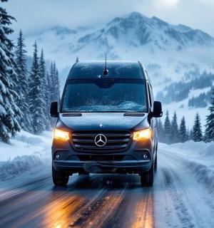 一辆奔驰卡车行驶在积雪覆盖的道路上