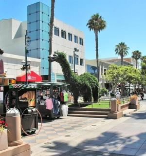 ulice ve městě s palmami a budovou