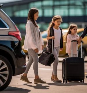 a family walking next to a car with their luggage