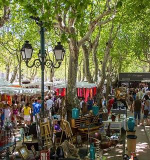 a crowd of people walking around a market with trees