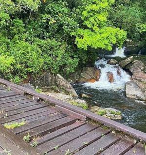 řeka s vodopádem vedle dřevěného mostu