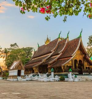 a large building with a brown roof with palm trees