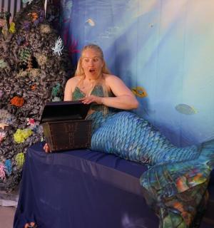 žena sedící v pokoji s tématikou mořské panny s notebookem