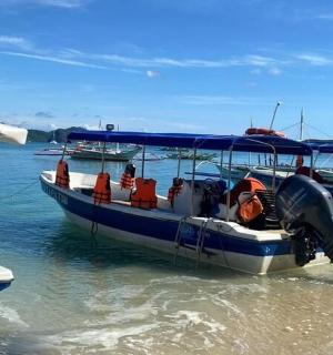 a blue and white boat in the water