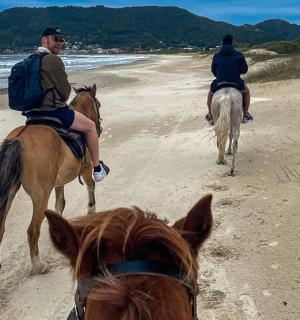two people riding horses on the beach