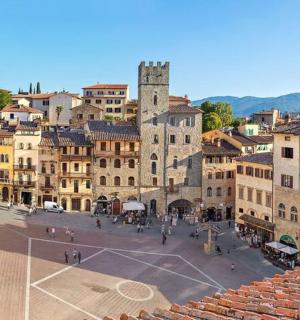 a view of a city with a basketball court