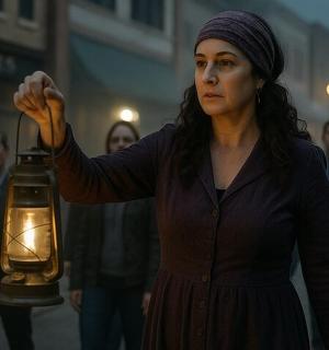 一群人面前拿着灯笼的女人