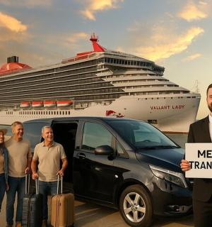 a group of people standing in front of a cruise ship