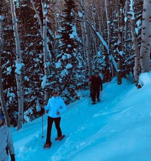 a group of people skiing down a snow covered forest