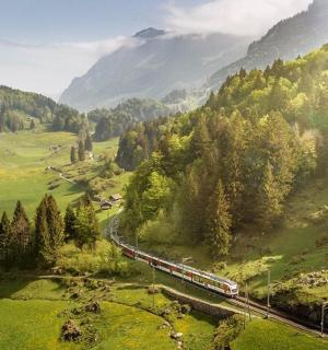 a train traveling through a lush green valley