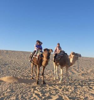 three people riding on the backs of camels in the desert