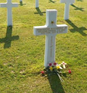 草地上有一个白色的十字架和鲜花