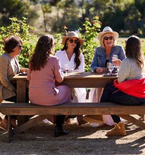 a group of women sitting at a picnic table