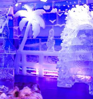 an ice display with a bird and a palm tree