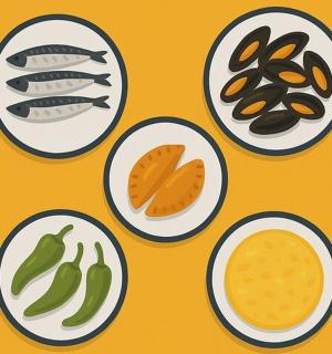 黄色背景上四盘不同食物的盘子