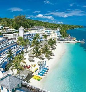 棕榈树和建筑物的海滩鸟瞰图