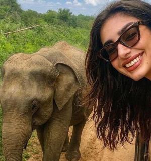 a woman wearing glasses is smiling next to an elephant