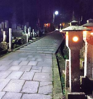 a stone walkway at night with a cemetery