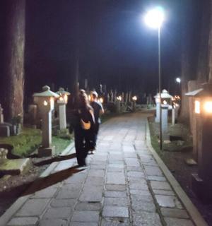 a group of people walking down a cemetery at night
