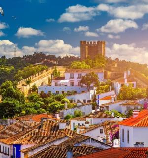 小镇的景色，有房屋和城堡