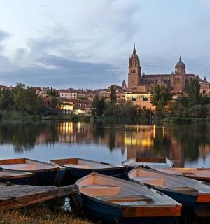 一群船停在城市前的水中