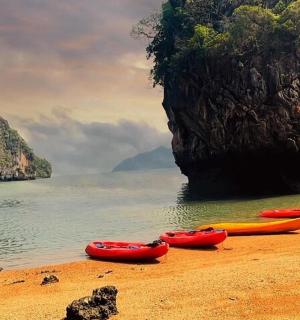 一群皮划艇停在靠近水边的海滩上