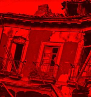 a red picture of an old building