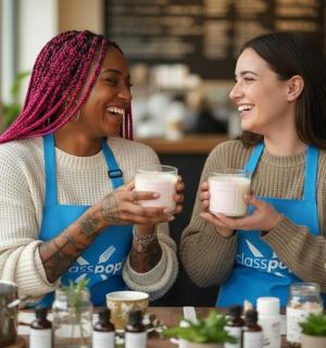 two women are smiling while holding glasses of milk