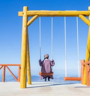 a person sitting on a swing on the beach