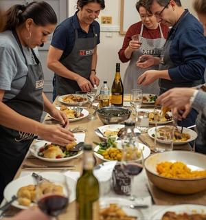 一群人围着摆满食物的桌子