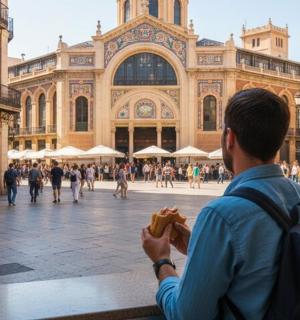 a man eating a hot dog in front of a building
