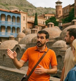a group of people standing in front of a painting