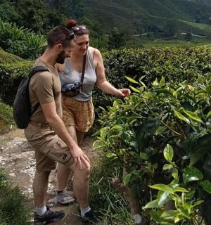 um homem e uma mulher caminhando por uma plantação de chá