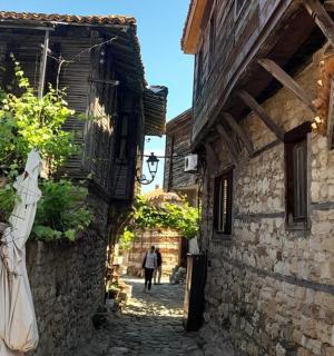 撑着伞走在小巷里的人