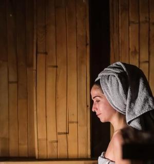 a woman with a towel on her head