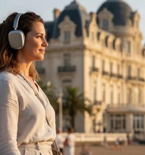 一位戴着耳机站在建筑物前的女人