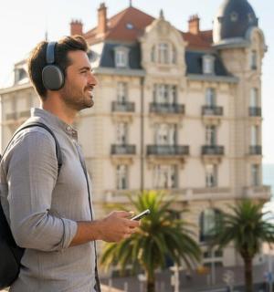 un home amb auriculars dret davant d'un edifici
