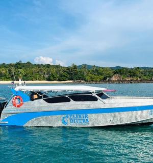 水中一艘蓝白色的船