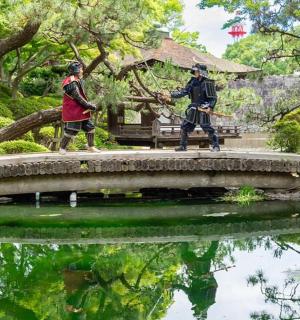 two people walking across a bridge over a pond in a garden