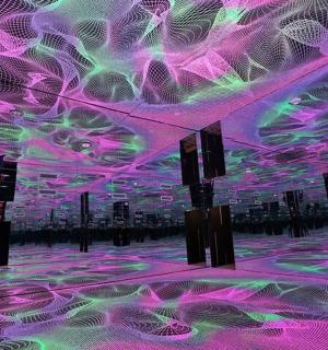 天花板上有紫色和绿色灯光的房间