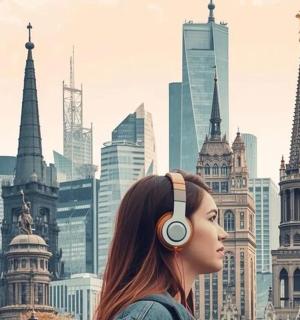 a woman wearing headphones in front of a city