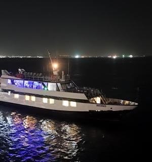 夜晚停在水中的船