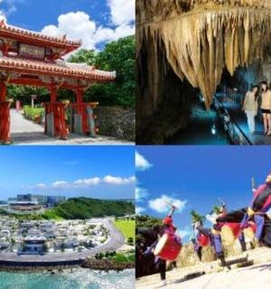 a collage of pictures of a temple and a boat