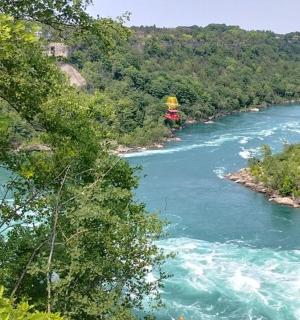 a view of a river with a raft on it