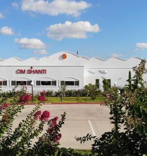 a large white building with flowers in front of it