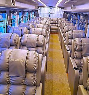 a bus with rows of seats on it
